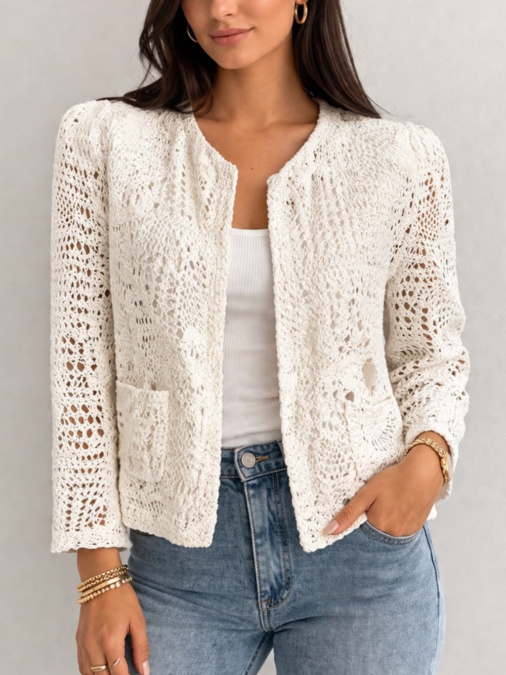 IRO Elgua Crochet Lace Jacket White Open Front Size 38 (US M)